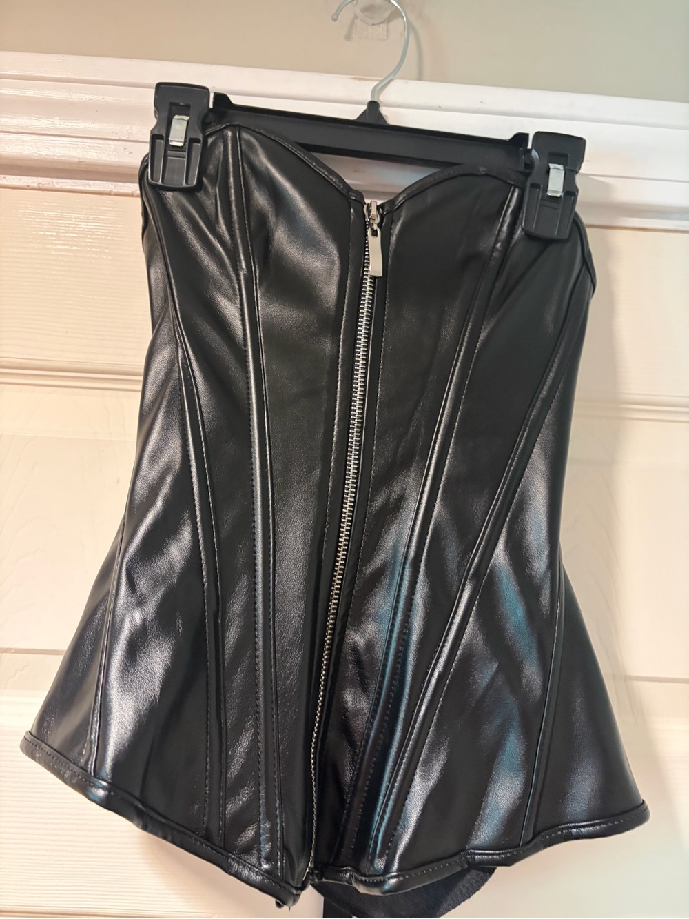Black Faux Leather Zip-Front Corset Top